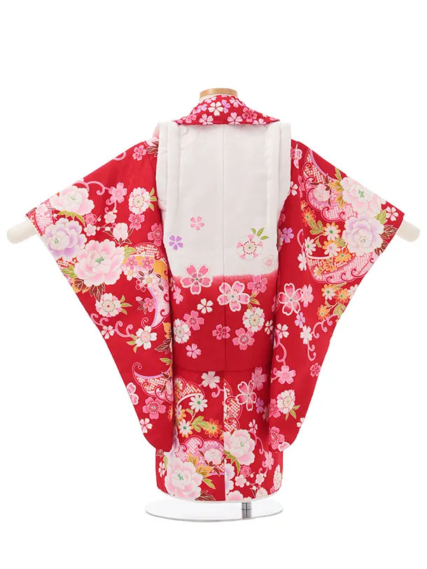 七五三レンタル(3歳女児被布)S156 赤白×赤 牡丹 桜
