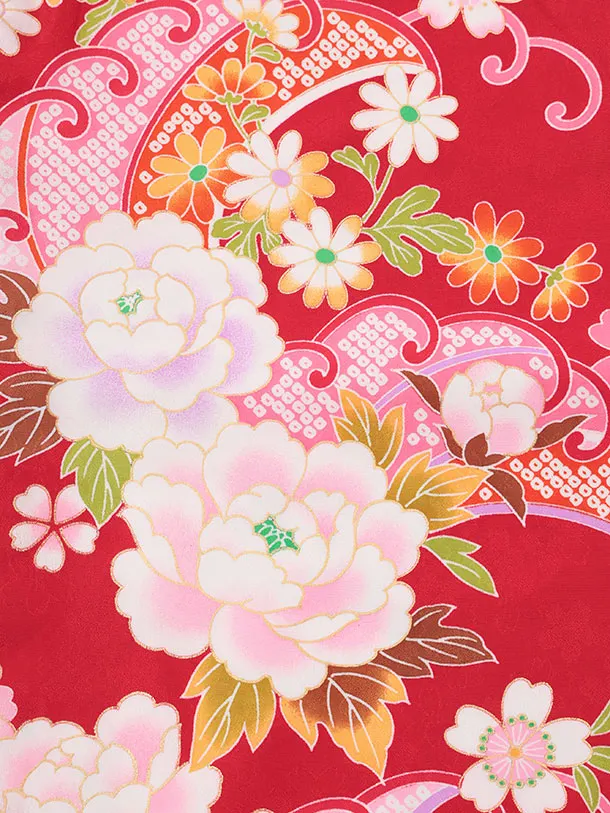 七五三レンタル(3歳女児被布)S156 赤白×赤 牡丹 桜