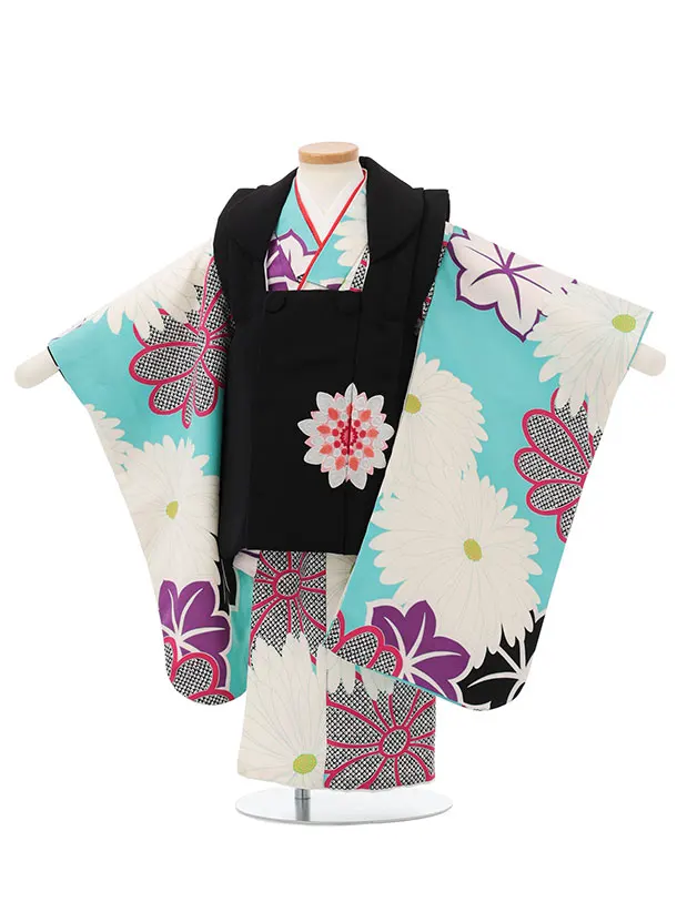 七五三レンタル(3歳女児被布)S157 黒×水色 菊