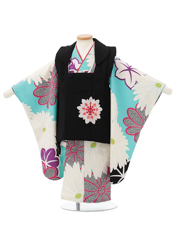 七五三レンタル(3歳女児被布)S157 黒×水色 菊