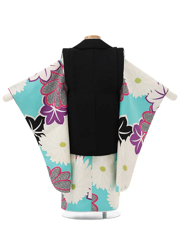 七五三レンタル(3歳女児被布)S157 黒×水色 菊