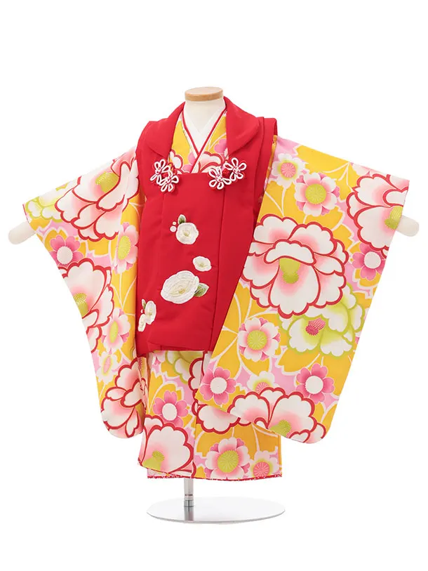 七五三レンタル(3歳女児被布)S159 赤 刺繍 椿×黄色 桜 椿