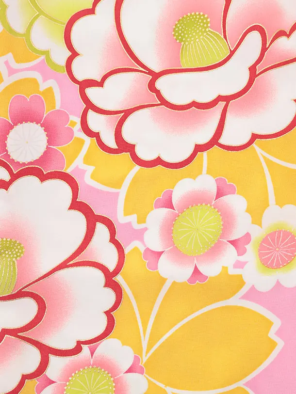 七五三レンタル(3歳女児被布)S159 赤 刺繍 椿×黄色 桜 椿