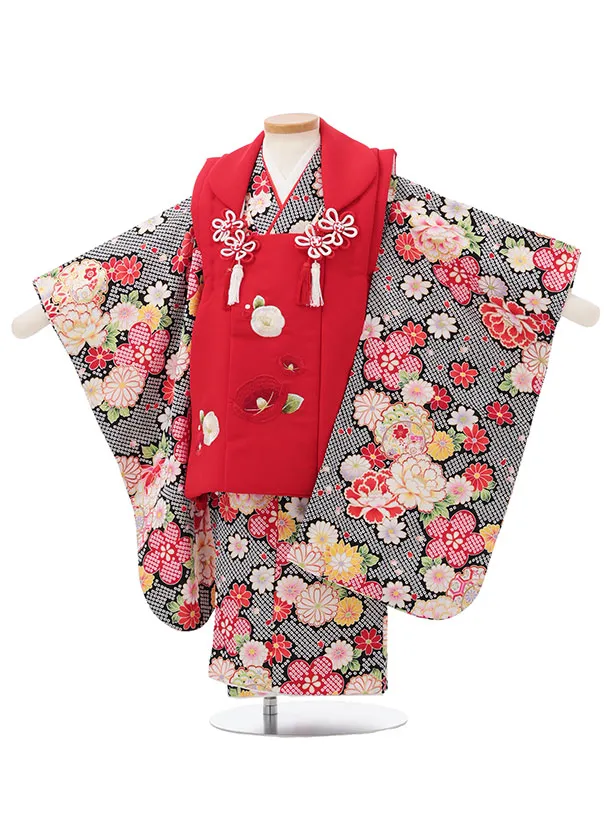 七五三レンタル(3歳女児被布)S160 赤 刺繍 椿×黒地 花