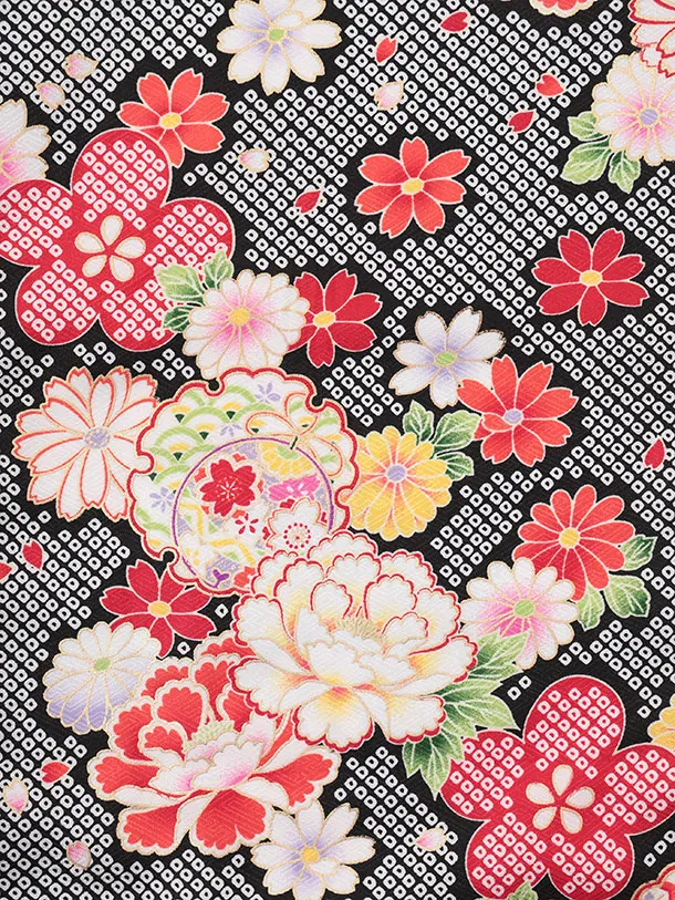 七五三レンタル(3歳女児被布)S160 赤 刺繍 椿×黒地 花