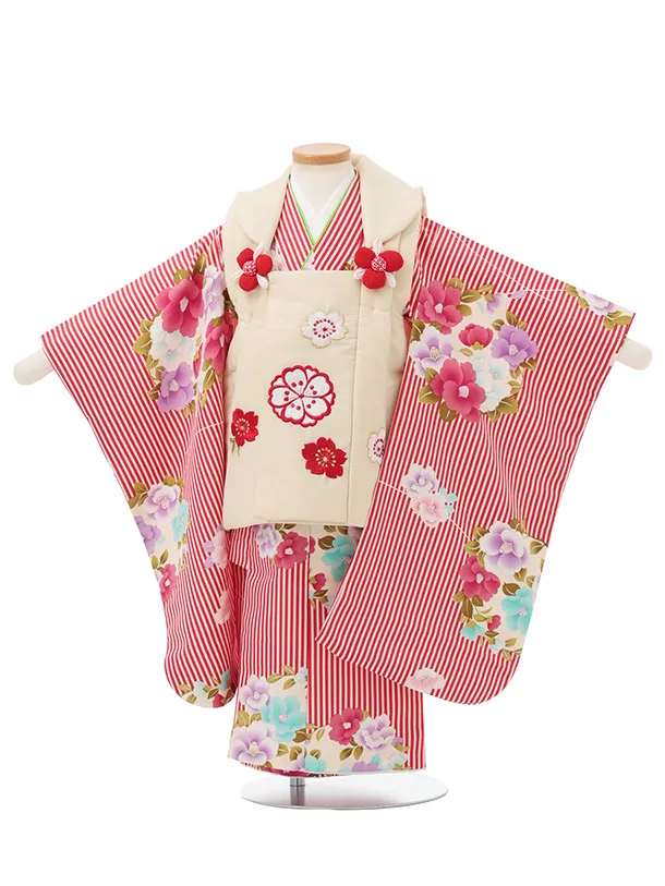 七五三レンタル(3歳女児被布)S161 クリーム 刺繍 桜×赤 ストライプ椿
