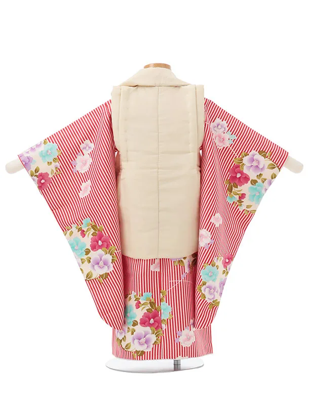 七五三レンタル(3歳女児被布)S161 クリーム 刺繍 桜×赤 ストライプ椿