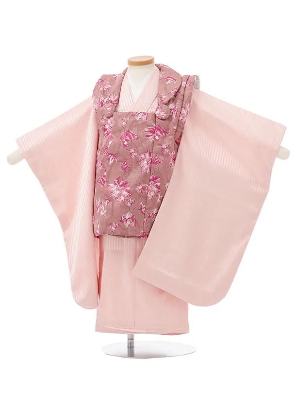 七五三レンタル(3歳女児被布)S163 くすみピンク 花×ピンクストライプ
