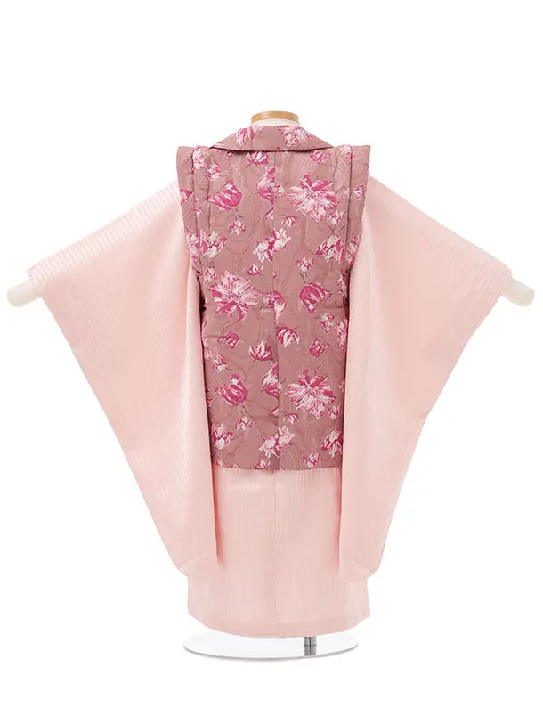 七五三レンタル(3歳女児被布)S163 くすみピンク 花×ピンクストライプ