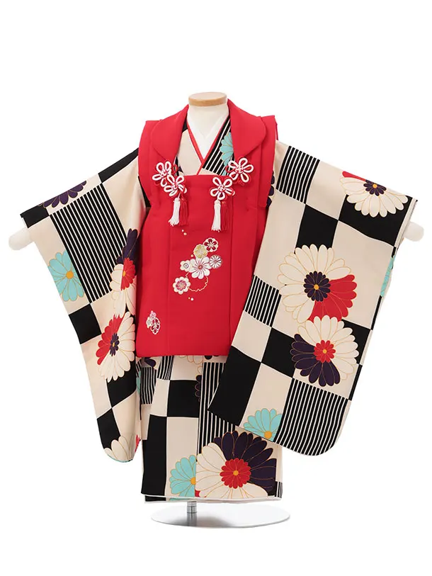 七五三レンタル(3歳女児被布)S164 赤 刺繍雪輪×クリーム 市松 菊