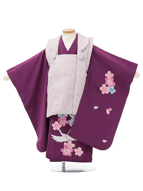 七五三レンタル(3歳女児被布)S166 ラベンダー色×パープル刺繍 鶴 桜