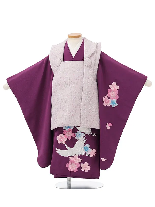 七五三レンタル(3歳女児被布)S166 ラベンダー色×パープル刺繍 鶴 桜