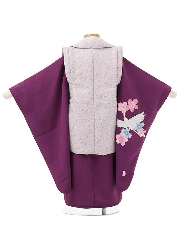 七五三レンタル(3歳女児被布)S166 ラベンダー色×パープル刺繍 鶴 桜