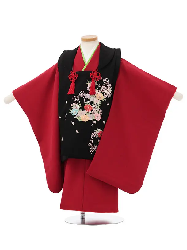 七五三レンタル(3歳女児被布)S168 黒地 菊×赤ちりめん