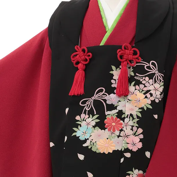 七五三レンタル(3歳女児被布)S168 黒地 菊×赤ちりめん