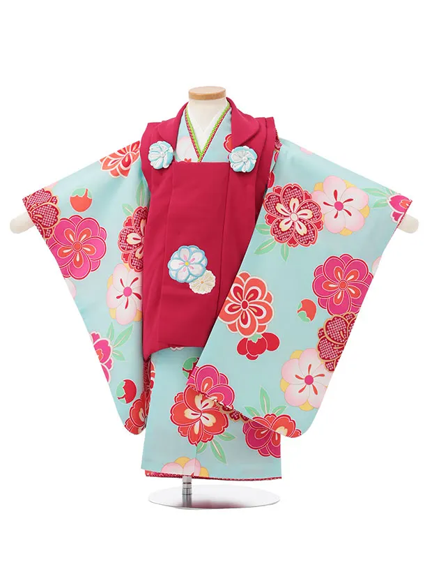 七五三レンタル(3歳女児被布)S172 ローズピンク×水色 桜 梅