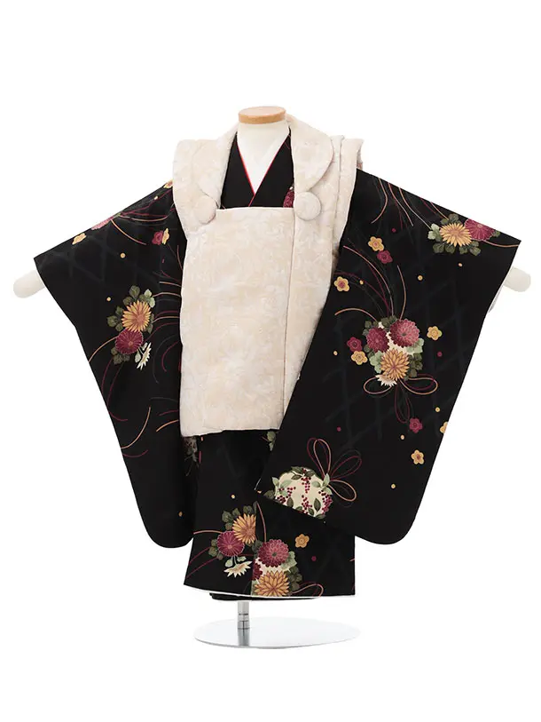 七五三レンタル(3歳女児被布)S173 ベージュ×黒地 菊 薬玉