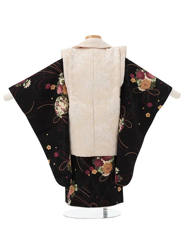七五三レンタル(3歳女児被布)S173 ベージュ×黒地 菊 薬玉