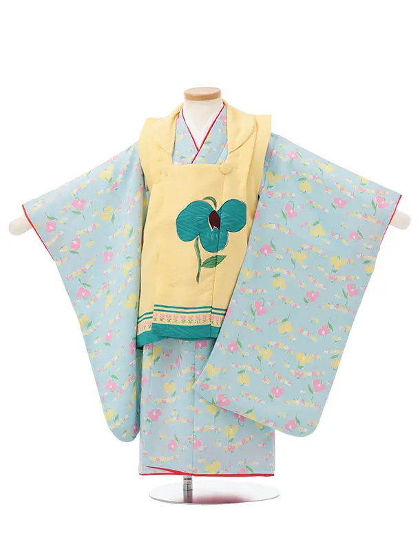 七五三レンタル(3歳女児被布)S174 うす黄色×水色 小花