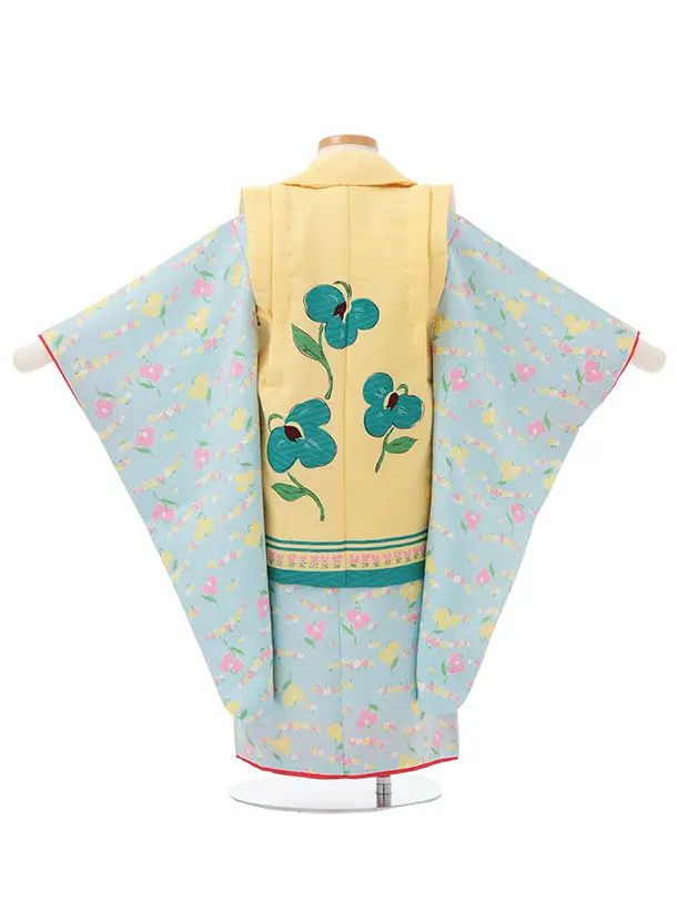 七五三レンタル(3歳女児被布)S174 うす黄色×水色 小花