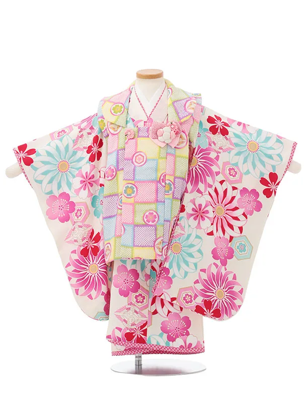 七五三レンタル(3歳女児被布)S175 カラフル丸紋×白地 菊桜