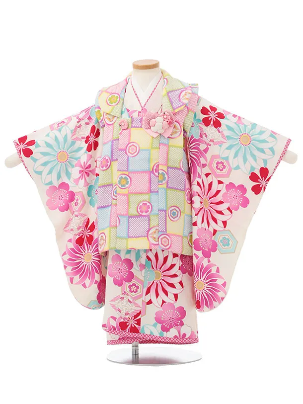 七五三レンタル(3歳女児被布)S175 カラフル丸紋×白地 菊桜