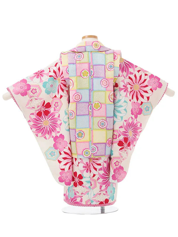 七五三レンタル(3歳女児被布)S175 カラフル丸紋×白地 菊桜