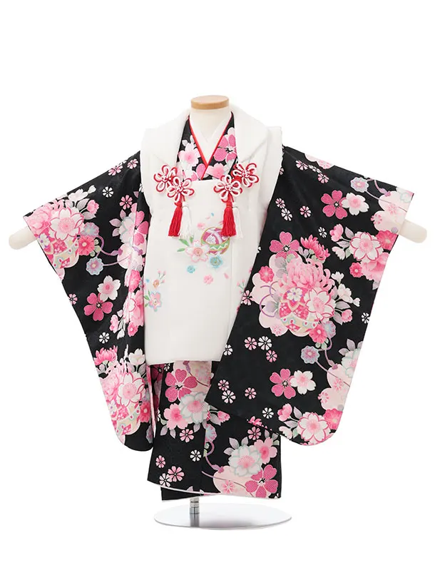 七五三レンタル(3歳女児被布)S177 白 刺繍 桜 まり×黒地 まり 花
