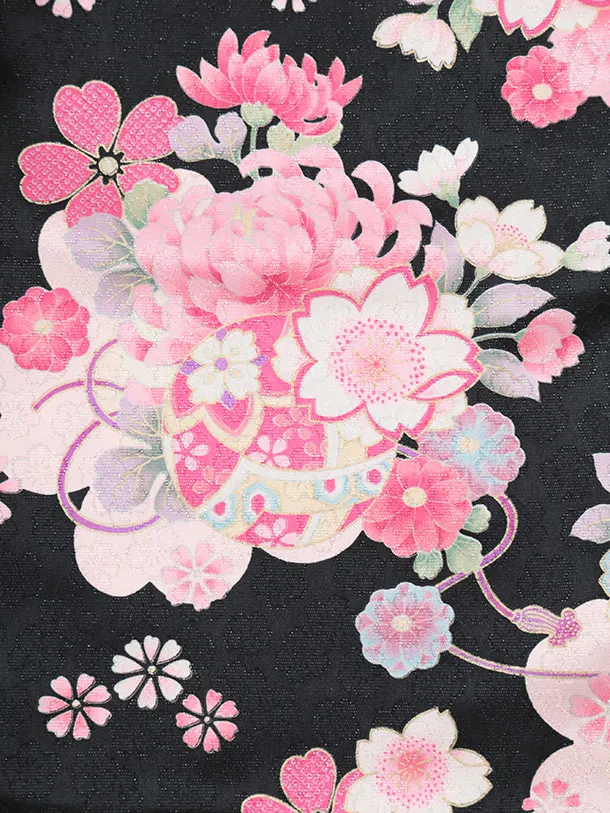 七五三レンタル(3歳女児被布)S177 白 刺繍 桜 まり×黒地 まり 花