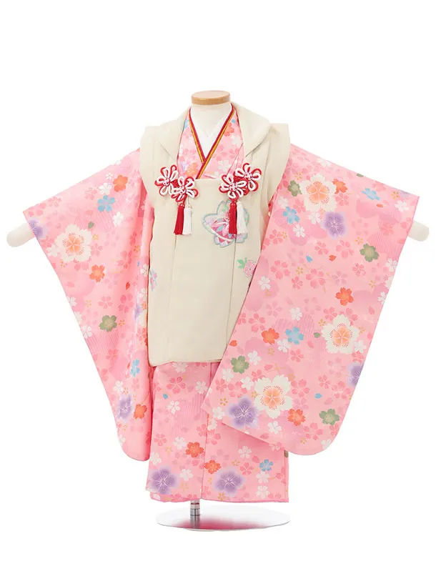七五三レンタル(3歳女児被布)S179 ベージュ×ピンク 桜