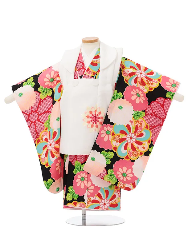 七五三レンタル(3歳女児被布)S180 白×黒地 菊