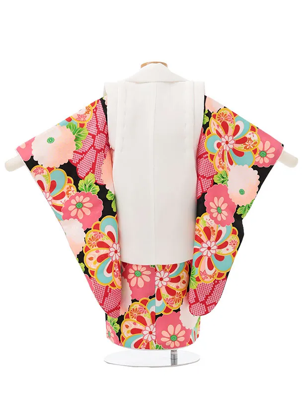 七五三レンタル(3歳女児被布)S180 白×黒地 菊