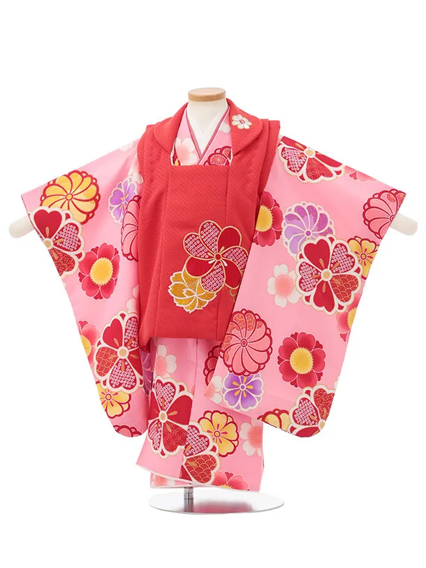 七五三レンタル(3歳女児被布)S185 朱赤×ピンク 桜 菊