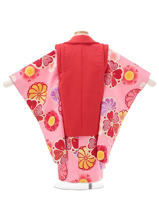 七五三レンタル(3歳女児被布)S185 朱赤×ピンク 桜 菊