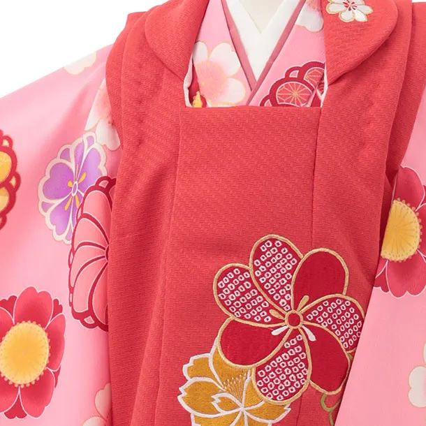 七五三レンタル(3歳女児被布)S185 朱赤×ピンク 桜 菊