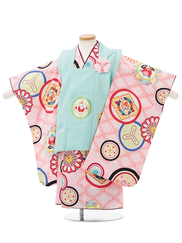 七五三レンタル(3歳女児被布)S186 水色×ピンク丸紋