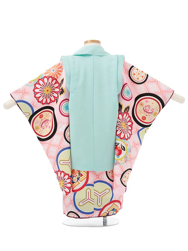 七五三レンタル(3歳女児被布)S186 水色×ピンク丸紋