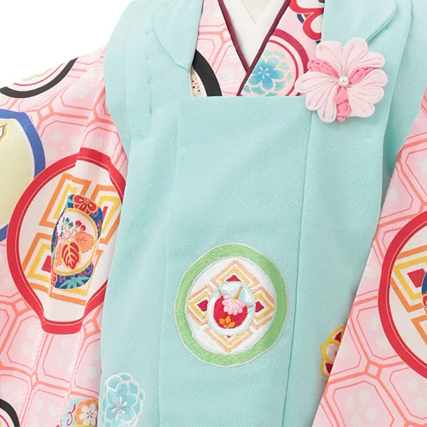 七五三レンタル(3歳女児被布)S186 水色×ピンク丸紋