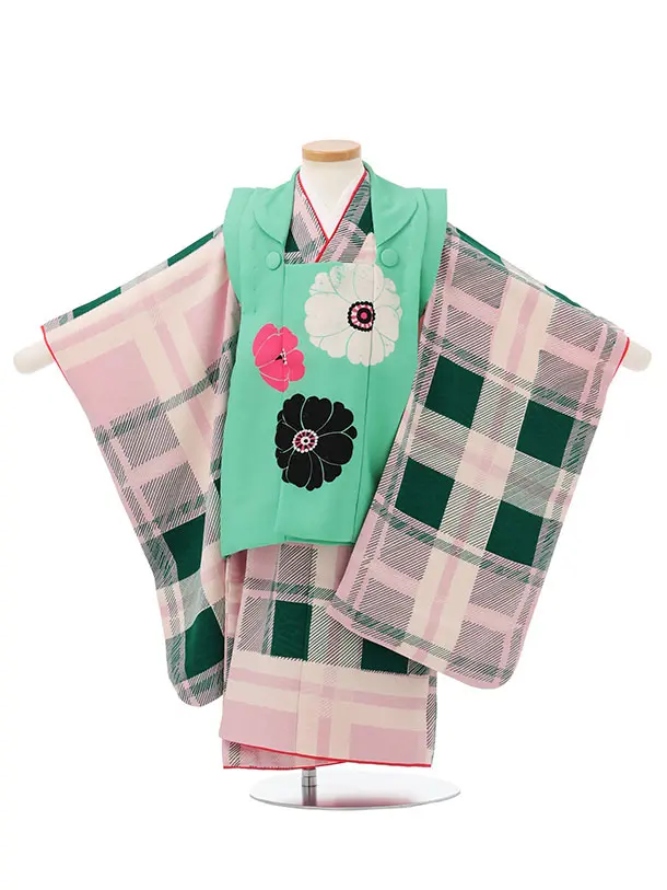 七五三レンタル(3歳女児被布)S187 グリーン×ピンクチェック