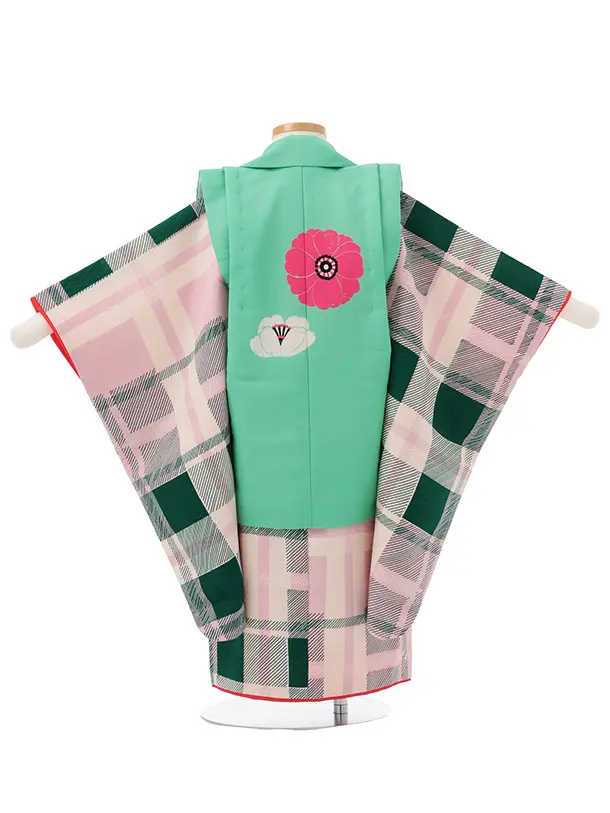 七五三レンタル(3歳女児被布)S187 グリーン×ピンクチェック