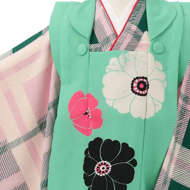 七五三レンタル(3歳女児被布)S187 グリーン×ピンクチェック