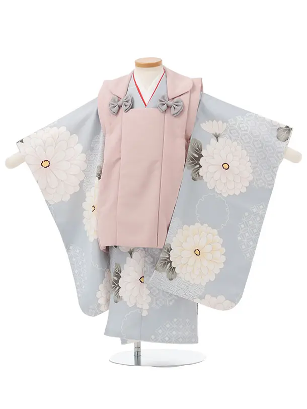 七五三レンタル(3歳女児被布)S189 くすみピンク×ブルーグレー 菊 花 亀甲