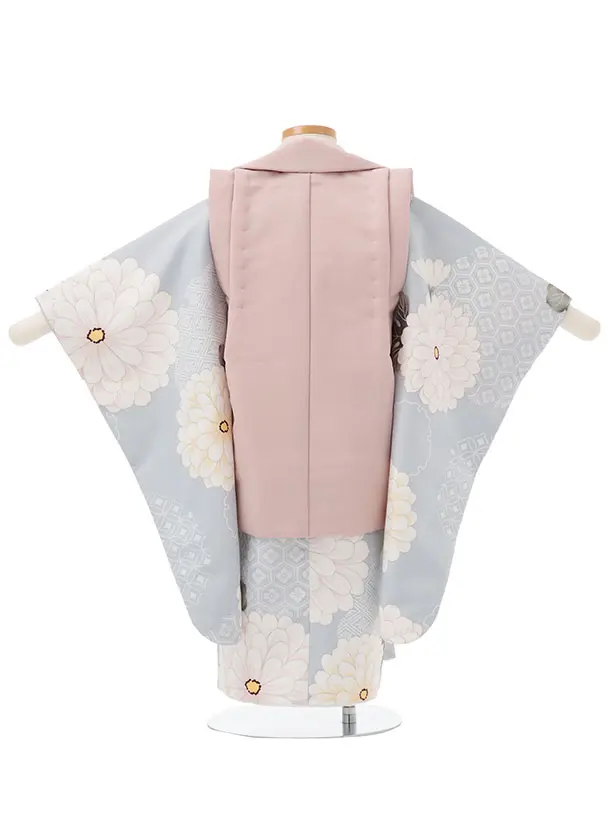 七五三レンタル(3歳女児被布)S189 くすみピンク×ブルーグレー 菊 花 亀甲