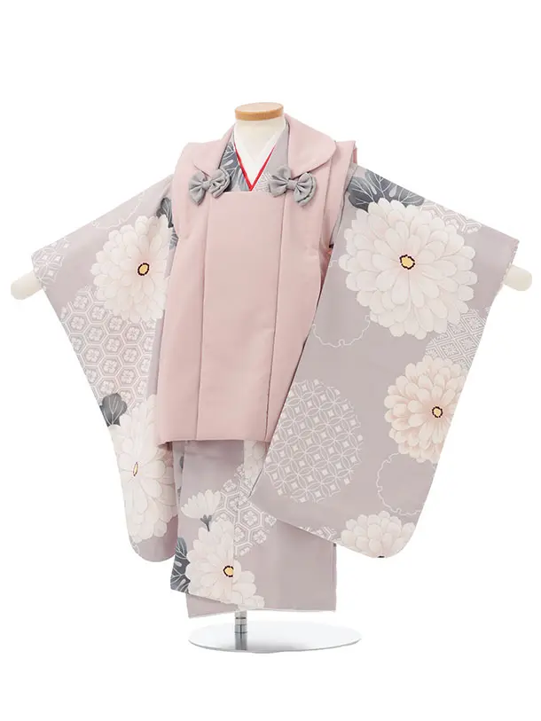 七五三(3歳女児被布)S190 くすみピンク×パープルグレー 菊 花 亀甲