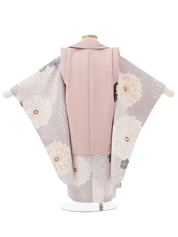 七五三(3歳女児被布)S190 くすみピンク×パープルグレー 菊 花 亀甲