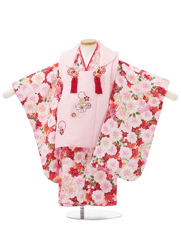 七五三レンタル(3歳女児被布)S194 ピンク 雪輪刺繍×ピンク 桜 鈴