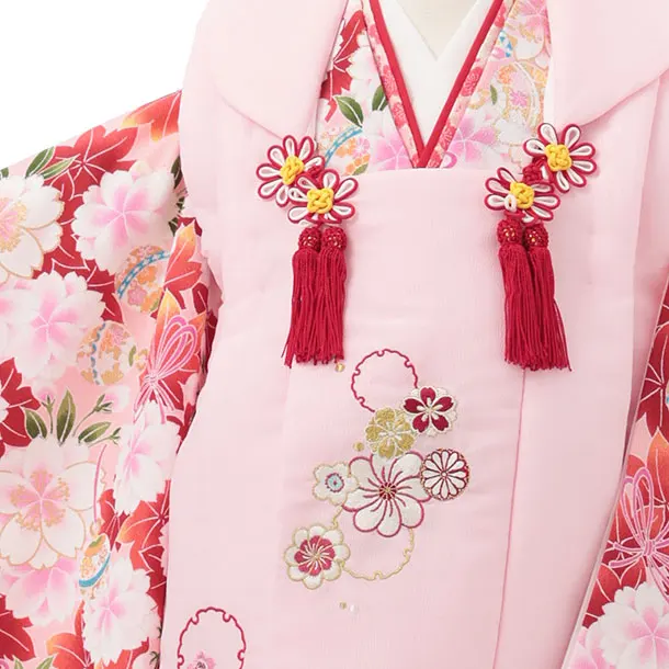 七五三レンタル(3歳女児被布)S194 ピンク 雪輪刺繍×ピンク 桜 鈴