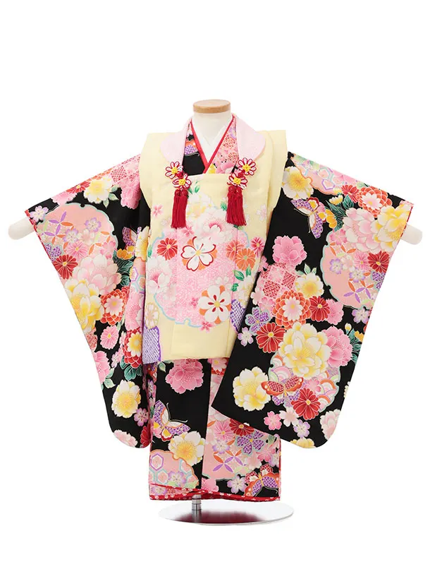 七五三レンタル(3歳女児被布)S195 うす黄色 雪輪花×黒地 花蝶