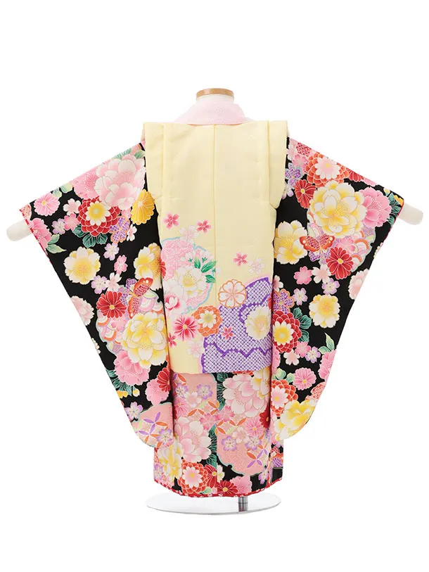 七五三レンタル(3歳女児被布)S195 うす黄色 雪輪花×黒地 花蝶