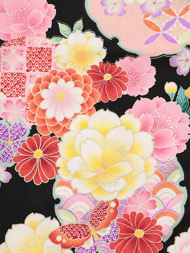 七五三レンタル(3歳女児被布)S195 うす黄色 雪輪花×黒地 花蝶